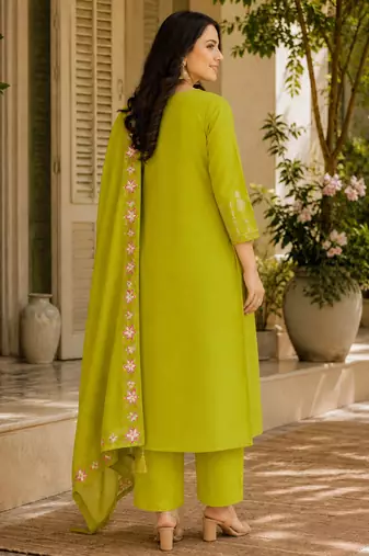 Green color roman silk fabric thread embroidery work stylish readymade suit