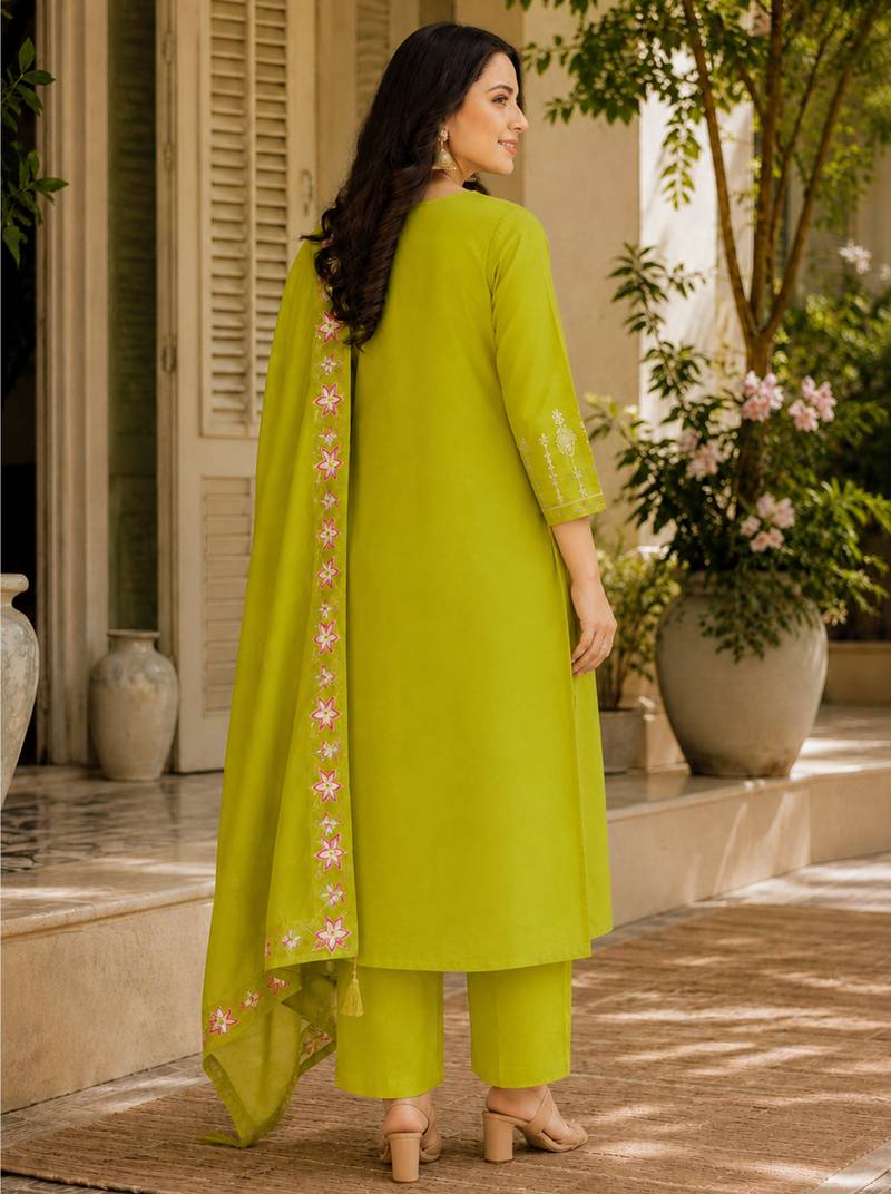 Green color roman silk fabric thread embroidery work stylish readymade suit