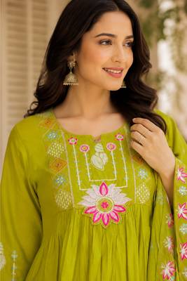 Green color roman silk fabric thread embroidery work stylish readymade suit 3