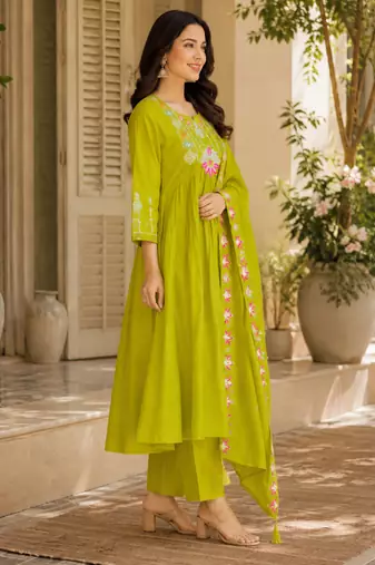 Green color roman silk fabric thread embroidery work stylish readymade suit