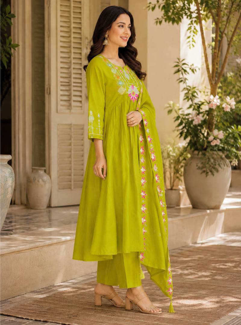 Green color roman silk fabric thread embroidery work stylish readymade suit