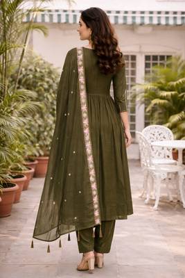 Mehndi green color roman silk fabric thread embroidery work stylish readymade suit 2