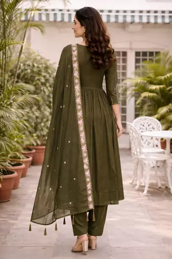 Mehndi green color roman silk fabric thread embroidery work stylish readymade suit