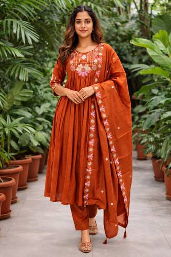 Orange color roman silk fabric thread embroidery work stylish readymade suit
