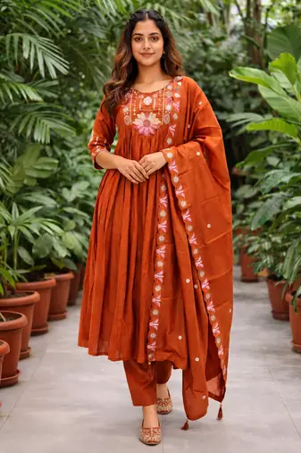 Orange color roman silk fabric thread embroidery work stylish readymade suit