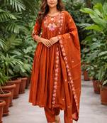 Orange color roman silk fabric thread embroidery work stylish readymade suit