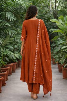 Orange color roman silk fabric thread embroidery work stylish readymade suit 2