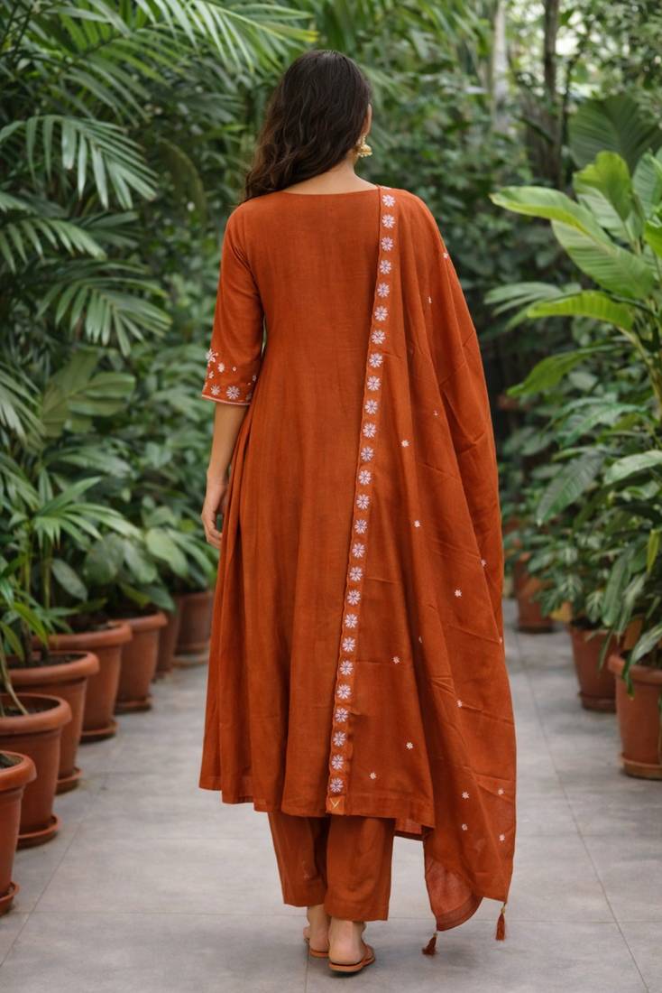 Orange color roman silk fabric thread embroidery work stylish readymade suit