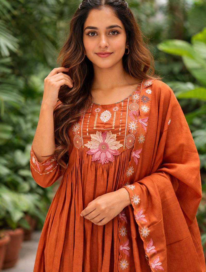 Orange color roman silk fabric thread embroidery work stylish readymade suit