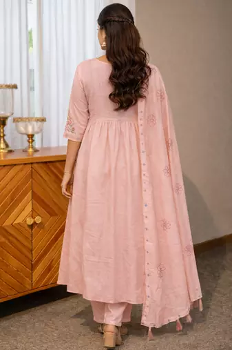 Light pink color roman silk fabric thread embroidery work stylish readymade suit