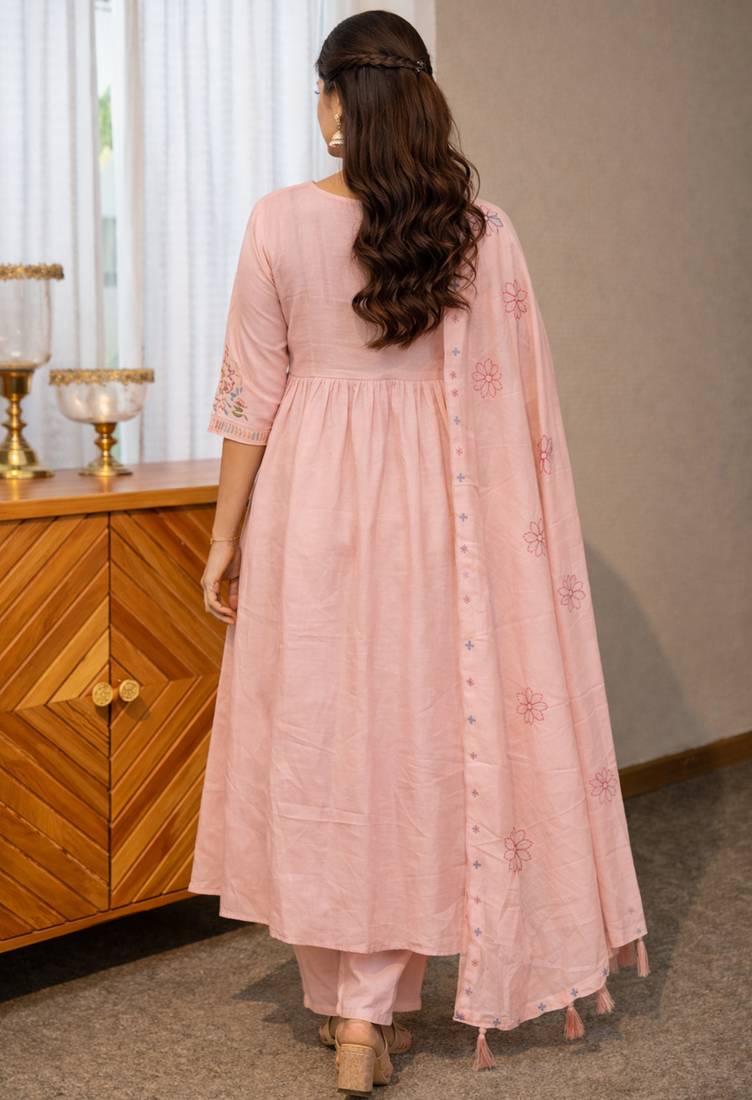 Light pink color roman silk fabric thread embroidery work stylish readymade suit