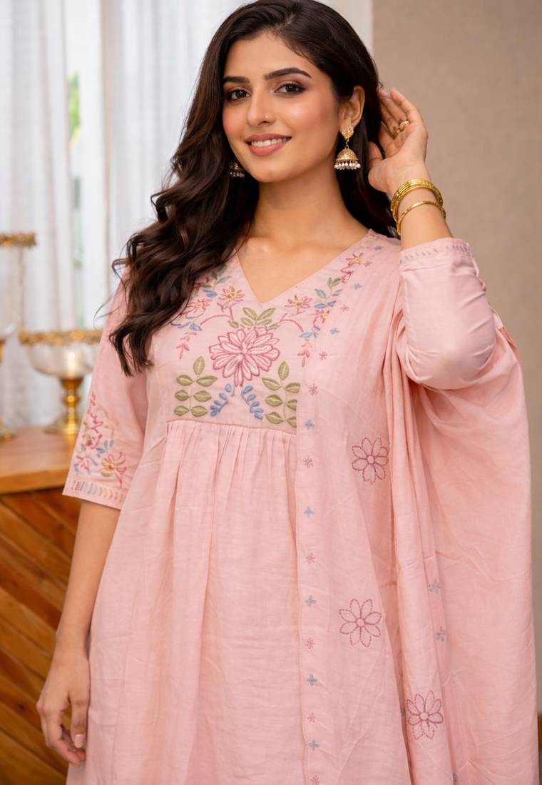 Light pink color roman silk fabric thread embroidery work stylish readymade suit