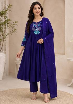 Violet color roman silk fabric thread embroidery work stylish readymade suit 1