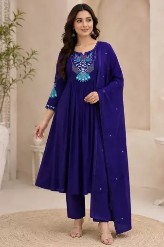 Violet color roman silk fabric thread embroidery work stylish readymade suit