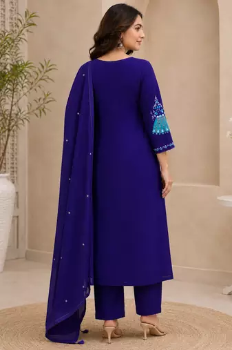 Violet color roman silk fabric thread embroidery work stylish readymade suit