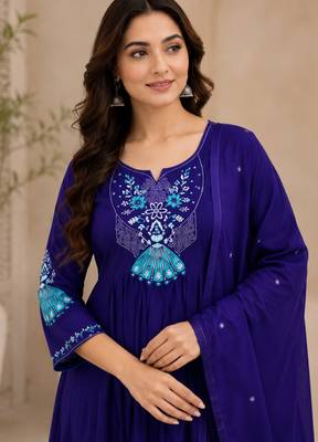 Violet color roman silk fabric thread embroidery work stylish readymade suit 3