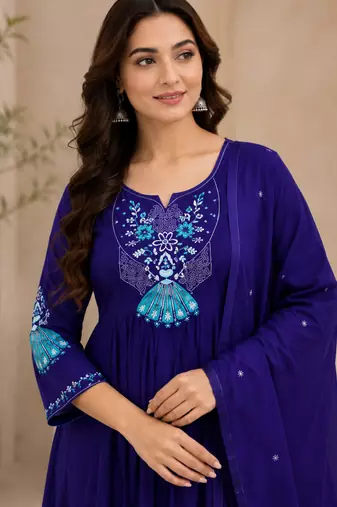 Violet color roman silk fabric thread embroidery work stylish readymade suit