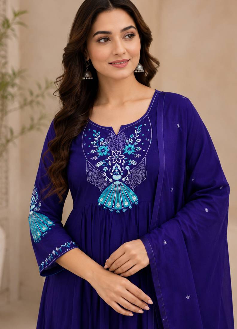 Violet color roman silk fabric thread embroidery work stylish readymade suit