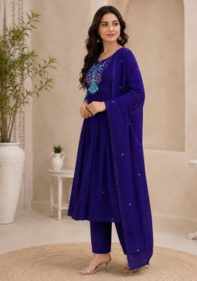 Violet color roman silk fabric thread embroidery work stylish readymade suit 4