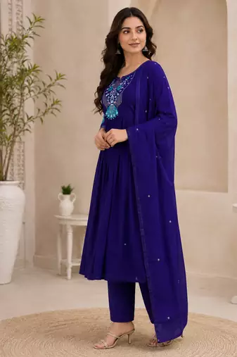 Violet color roman silk fabric thread embroidery work stylish readymade suit