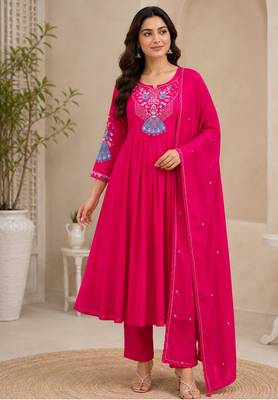 Pink color roman silk fabric thread embroidery work stylish readymade suit 1