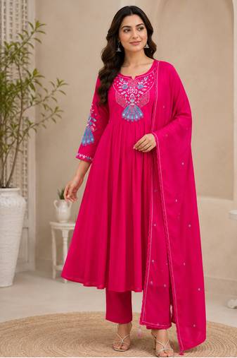 Pink color roman silk fabric thread embroidery work stylish readymade suit