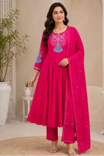 Pink color roman silk fabric thread embroidery work stylish readymade suit