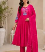 Pink color roman silk fabric thread embroidery work stylish readymade suit