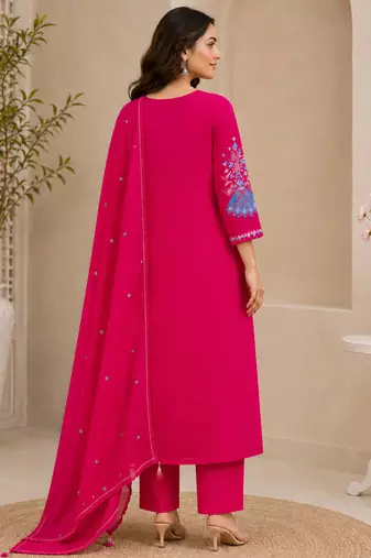Pink color roman silk fabric thread embroidery work stylish readymade suit