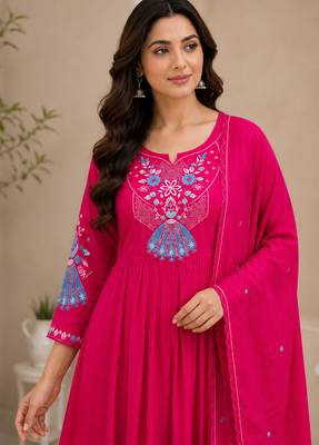 Pink color roman silk fabric thread embroidery work stylish readymade suit 3