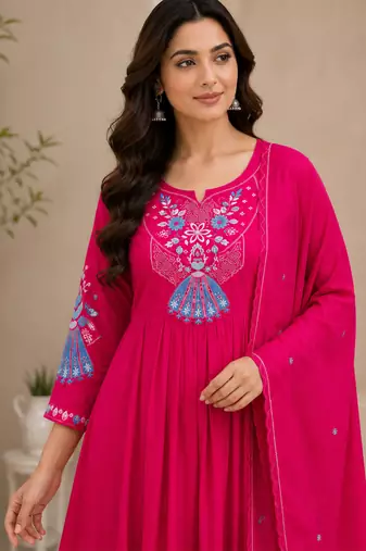 Pink color roman silk fabric thread embroidery work stylish readymade suit