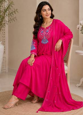 Pink color roman silk fabric thread embroidery work stylish readymade suit 4