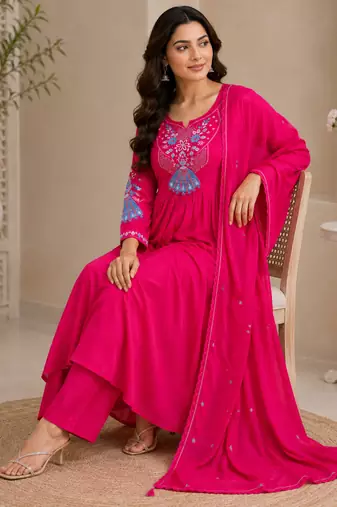 Pink color roman silk fabric thread embroidery work stylish readymade suit
