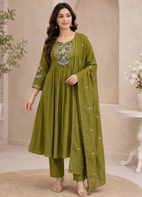 Green color roman silk fabric thread embroidery work stylish readymade suit 1