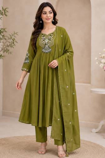 Green color roman silk fabric thread embroidery work stylish readymade suit