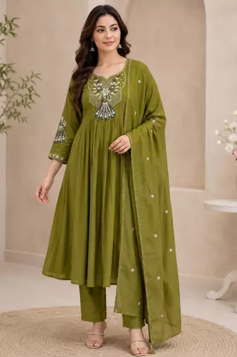 Green color roman silk fabric thread embroidery work stylish readymade suit