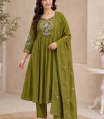 Green color roman silk fabric thread embroidery work stylish readymade suit