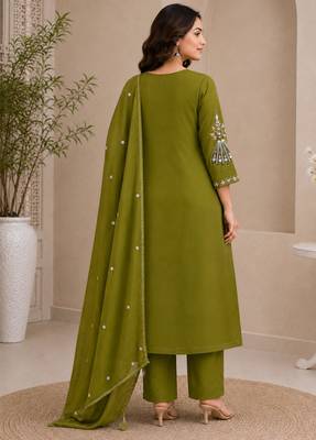 Green color roman silk fabric thread embroidery work stylish readymade suit 2
