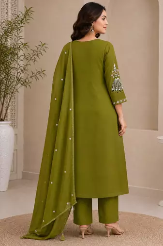 Green color roman silk fabric thread embroidery work stylish readymade suit