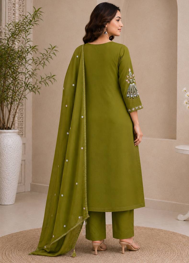 Green color roman silk fabric thread embroidery work stylish readymade suit