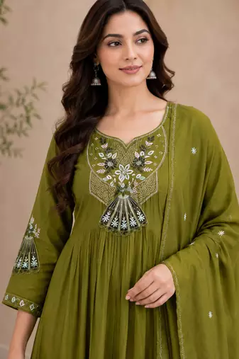 Green color roman silk fabric thread embroidery work stylish readymade suit