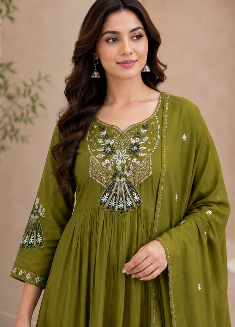 Green color roman silk fabric thread embroidery work stylish readymade suit