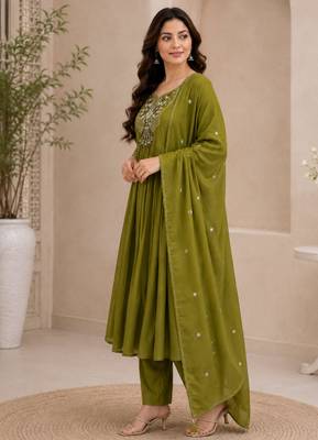 Green color roman silk fabric thread embroidery work stylish readymade suit 4