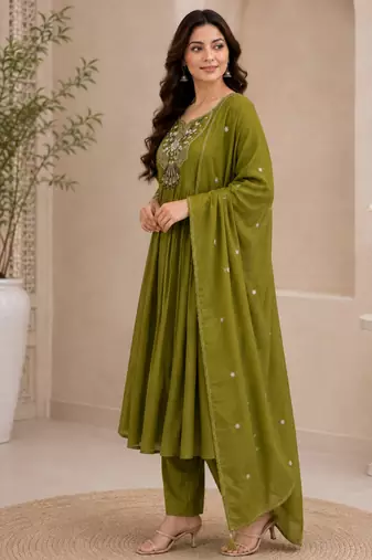Green color roman silk fabric thread embroidery work stylish readymade suit