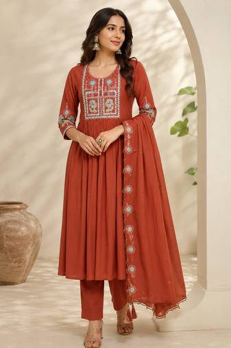 Orange color roman silk fabric thread embroidery work stylish readymade suit