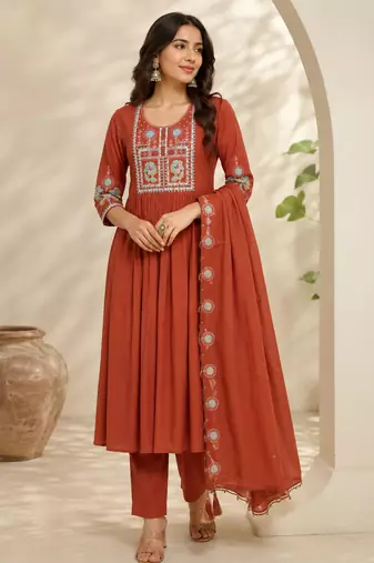 Orange color roman silk fabric thread embroidery work stylish readymade suit