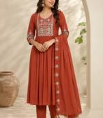 Orange color roman silk fabric thread embroidery work stylish readymade suit