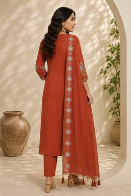 Orange color roman silk fabric thread embroidery work stylish readymade suit 2