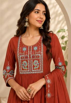 Orange color roman silk fabric thread embroidery work stylish readymade suit 3