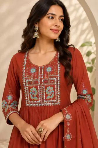 Orange color roman silk fabric thread embroidery work stylish readymade suit